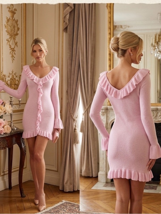 Meshki Dresses & Skirts - Pink Ruffle V-Neck Knit Mini Dress